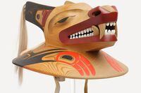 1.1 Wolf Chief's Hat.
Dempsey Bob
Wolf Chief’s Hat, c. 1993
red cedar, acrylic paint, operculum shell, horsehair, leather, ermine Collection of Eric Savics
Rachel Topham Photography
2022 First-ever retrospective exhibition of captivating Tahltan-Tlingit master carver Dempsey Bob to open at Audain Art Museum