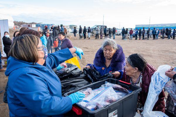 Iqaluit elders and residents line up outdoors for muktuk (whale), tuktu (caribou), seal and walrus meat at a country food giveaway in Iqaluit, Nunavut.