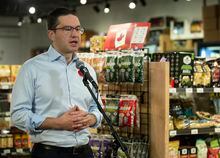 Conservative Party of Canada leader Pierre Poilievre speaks to media at Parthenon Market in Vancouver on Wednesday, Nov. 9, 2022. THE CANADIAN PRESS/Marissa Tiel