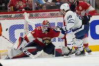 Toronto Maple Leafs right wing William Nylander (88) scores a goal against Florida Panthers goaltender Sergei Bobrovsky (72) during the second period of Game 4 of an NHL hockey Stanley Cup second-round playoff series Wednesday, May 10, 2023, in Sunrise, Fla. (AP Photo/Lynne Sladky)
