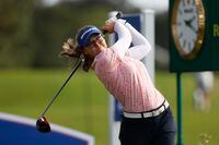 Brooke Henderson watches her tee shot on the 18th hole during the first round of an LPGA golf tournament Thursday, Nov. 9, 2023, in Belleair, Fla. (AP Photo/Scott Audette)