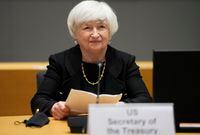 U.S. Treasury Secretary Janet Yellen prepares to speak during a meeting of eurogroup finance ministers at the European Council building in Brussels on Monday, July 12, 2021. (AP Photo/Virginia Mayo)
