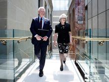 David Johnston, special rapporteur on foreign interference, and his council Sheila Block, arrive to a press conference about his findings and recommendations in Ottawa, Ontario, Canada May 23, 2023. REUTERS/Blair Gable