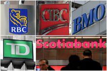 FILE PHOTO: A combination photo shows Canadian investment banks RBC, CIBC, BMO, TD and Scotiabank in Toronto, Ontario, Canada on March 16, 2017. REUTERS/Chris Helgren/File Photo