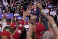 FILE - Former President Donald Trump speaks at a rally in Wilkes-Barre, Pa., Sept. 3, 2022. Trump is increasingly embracing and endorsing the QAnon conspiracy theory, even as the number of frightening real-world incidents linked to the movement increase.(AP Photo/Mary Altaffer, File)