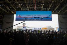 Current and former employees, customers and invited guests participate in a ceremony to mark the delivery of the last Boeing 747 aircraft, at the Boeing Future of Flight Museum in Everett, Washington, on January 31, 2023. JASON REDMOND/AFP via Getty Images