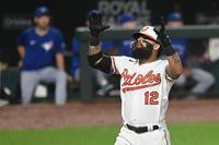 Aug 9, 2022; Baltimore, Maryland, USA;  Baltimore Orioles second baseman Rougned Odor (12) react after hitting a two run home run in the eighth inning against the Toronto Blue Jays at Oriole Park at Camden Yards. Mandatory Credit: Tommy Gilligan-USA TODAY Sports