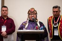 Assembly of First Nations National Chief, RoseAnne Archibald, speaks at a press conference on New Brunswick First Nations during the Assembly of First Nations Special Chiefs Assembly in Ottawa, Thursday, Dec. 8, 2022. THE CANADIAN PRESS/Spencer Colby