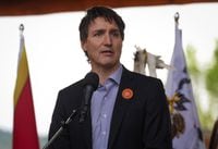 Prime Minister Justin Trudeau speaks during a ceremony marking the one-year anniversary of the Tk’emlúps te Secwépemc announcement of the detection of the remains of 215 children at an unmarked burial site at the former Kamloops Indian Residential School, in Kamloops, B.C., on Monday, May 23, 2022. THE CANADIAN PRESS/Darryl Dyck