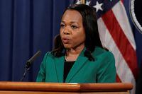 FILE PHOTO: Kristen Clarke, assistant attorney general for civil rights, speaks during a news conference in 2021. REUTERS/Ken Cedeno/File Photo