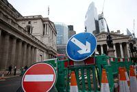 Road construction signage outside the Bank of England in the City of London financial district, in London, Britain, Jan. 26.