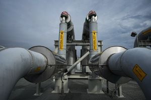 Piping is seen on the top of a receiving platform which will be connected to the Coastal GasLink natural gas pipeline terminus at the LNG Canada export terminal under construction, in Kitimat, B.C., on Wednesday, September 28, 2022