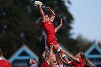 Canada's Sara Svoboda takes the line out ball during the New Zealand 2021 Womens Rugby World Cup Pool B match between Canada and USA at the Waitakere Stadium in Auckland on October 23, 2022. (Photo by Marty MELVILLE / AFP) (Photo by MARTY MELVILLE/AFP via Getty Images)