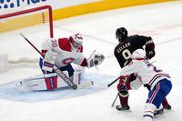 Jan 17, 2022; Glendale, Arizona, USA; Arizona Coyotes right wing Clayton Keller (9) shoots against Montreal Canadiens goaltender Cayden Primeau (30) during the second period at Gila River Arena. Mandatory Credit: Joe Camporeale-USA TODAY Sports
