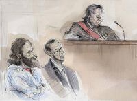 In an artist's sketch, Chiheb Esseghaier, left, and Raed Jaser appear in court, in Toronto, on March 5, 2015.