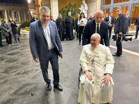 Hollywood film director Evgeny Afineesky, left, with Pope Francis at the Vatican for the Vatican launch of Freedom on Fire: Ukraine's Fight for Freedom on Nov. 21, 2023. Eric Reguly/The Globe and Mail