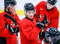 Canada’s National Junior Team defenceman Jack Thompson looks on during a training camp practice in Calgary, Tuesday, Aug. 2, 2022. Bauer Hockey is putting its partnership with Hockey Canada on ice, calling the repeated breach of trust by the national sport organization's leadership "extremely disturbing." THE CANADIAN PRESS/Jeff McIntosh