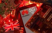 The British flag and a smartphone with a Huawei and 5G network logo are seen on a PC motherboard in this illustration picture taken Jan. 29, 2020.