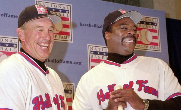 Baseball Hall of Fame inductees Gary Carter and Eddie Murray pose