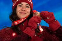 Bronze medalist Rachael Karker of Canada poses during a medal ceremony for the women's freestyle skiing halfpipe competition at the 2022 Winter Olympics, Friday, Feb. 18, 2022, in Zhangjiakou, China. After the win, what Karker wants to do in her first season is just take a breath and ski.THE CANADIAN PRESS/AP-Alessandra Tarantino