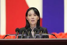 FILE - This photo provided by the North Korean government, Kim Yo Jong, sister of North Korean leader Kim Jong Un, delivers a speech during a national meeting against the coronavirus, in Pyongyang, North Korea on Aug. 10, 2022. Independent journalists were not given access to cover the event depicted in this image distributed by the North Korean government. The content of this image is as provided and cannot be independently verified. (Korean Central News Agency/Korea News Service via AP, File)