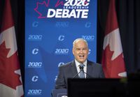 Conservative leadership candidate Erin O'Toole speaks during an English debate in Toronto, on June 18, 2020.