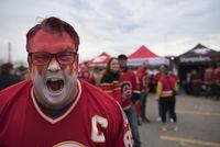 Stephen Cassley cheers on Calgary from the Red Lot as they take on Dallas in the second game of the Stanley Cup Playoffs in Calgary on Thursday, May 5, 2022. The Calgary Flames lost 2-1 after beating the Dallas Stars on Tuesday 1-0. (Photo by Sarah B Groot/The Globe and Mail)