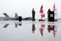 Canada's Defence Minister Anita Anand speaks during a visit to highlight military aid for Ukraine at Canadian Forces Base Trenton in Trenton, Ontario, Canada, April 14, 2022.  REUTERS/Lars Hagberg