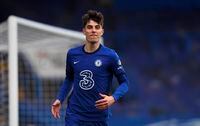 Chelsea's Kai Havertz celebrates after scoring his side's second goal during the English Premier League soccer match between Chelsea and Fulham at Stamford Bridge Stadium in London, Saturday, May 1, 2021. (Neill Hall/Pool via AP)