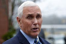 FILE - Former Vice President Mike Pence speaks with reporters, Dec. 6, 2022, at Garden Sanctuary Church of God in Rock Hill, S.C. (AP Photo/Meg Kinnard, File)