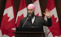 New Democratic Party leader Jagmeet Singh delivers a speech at a three day caucus retreat, in Ottawa on Wednesday, January 18, 2023. Singh says Canada's Public Safety Minister Marco Mendicino should push back against the RCMP continuing to use a controversial neck hold. THE CANADIAN PRESS/Adrian Wyld