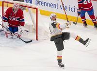 Vegas Golden Knights' Mark Stone (61) celebrates his goal on Montreal Canadiens goaltender Cayden Primeau (30) during third period NHL hockey action in Montreal on Thursday, Nov. 16, 2023. THE CANADIAN PRESS/Christinne Muschi