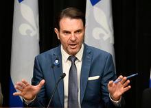 Quebec Public Security Minister Francois Bonnardel speaks during a news conference on Thursday, April 6, 2023 at the legislature in Quebec City. THE CANADIAN PRESS/Jacques Boissinot