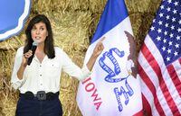 U.S. Republican presidential candidate and former U.N. Ambassador Nikki Haley speaks at the "Roast and Ride" event hosted by U.S. Senator Joni Ernst while campaigning in Des Moines, Iowa, U.S. June 3, 2023. REUTERS/Dave Kaup