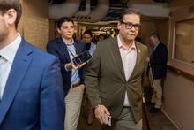 WASHINGTON, DC - APRIL 26: Rep. George Santos (R-NY) is followed by members of the media as he walks in the U.S. Capitol on April 26, 2023 in Washington, DC. Speaker McCarthy said they would vote on Wednesday, on a bill to raise the $31.4 trillion federal debt ceiling. (Photo by Tasos Katopodis/Getty Images)