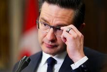 Conservative leader Pierre Poilievre speaks to reporters in the foyer of the House of Commons prior to question period on Parliament Hill in Ottawa on Wednesday, Dec. 7, 2022. THE CANADIAN PRESS/Sean Kilpatrick
