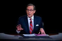 FILE - Moderator Chris Wallace of Fox News speaks as President Donald Trump and Democratic presidential candidate former Vice President Joe Biden participate in the first presidential debate in Cleveland on Sept. 29, 2020.  Wallace says he's leaving the network after 18 years and is “ready for a new adventure.” Wallace made the announcement, Sunday, Dec. 12, 2021, at the end of the weekly news show he moderates, “Fox News Sunday.”(Olivier Douliery/Pool via AP, File)