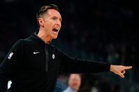 Brooklyn Nets head coach Steve Nash argues a call during the first half of an NBA basketball game Wednesday, Oct. 26, 2022, in Milwaukee. (AP Photo/Morry Gash)
