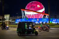 MANILA, PHILIPPINES - AUGUST 22: Motorists pass a giant FIBA World Cup themed display ahead of the FIBA World Cup on August 22, 2023 in Pasay, Metro Manila, Philippines. The basketball world cup starts on August 25 in Philippines, Indonesia and Japan. (Photo by Ezra Acayan/Getty Images)