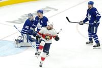 Florida Panthers centre Sam Bennett (9) celebrates his goal during second period, second round, game one, NHL Stanley Cup hockey action against the Toronto Maple Leafs, in Toronto, Tuesday, May 2, 2023. THE CANADIAN PRESS/Chris Young