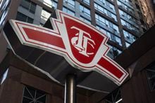 A Toronto Transit Commission sign is shown at a downtown Toronto subway stop Tuesday, Jan. 31, 2023. Toronto police say they are looking for three suspects after a woman was slashed on the face while at a subway station this weekend. THE CANADIAN PRESS/Graeme Roy
