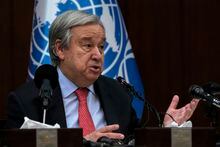 United Nations Secretary-General Antonio Guterres speaks to reporters during a news conference, in Baghdad, Iraq, Wednesday, March 1, 2023. (AP Photo/Hadi Mizban)