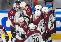 Colorado Avalanche goalie Pavel Francouz and teammates celebrate their win over the Dallas Stars during NHL Western Conference Stanley Cup playoff action in Edmonton on Aug. 26, 2020. The Avs beat the Stars 6-4.
