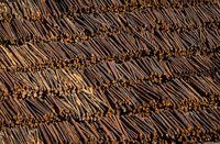 Logs are seen in an aerial view stacked at the Interfor sawmill, in Grand Forks, B.C., Saturday, May 12, 2018.
