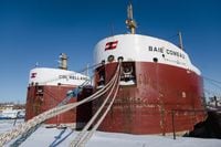 MONTREAL, Que. (05/02/2022) – The CSL Welland beside the CSL Baie Comeau, on Feb. 05, 2022, in Montreal, QC. Eight Canada Steamship Lines freighters steamed their way through the Great Lakes last season powered by biodiesel made from 100% discarded soybeans. (Andrej Ivanov/The Globe and Mail)