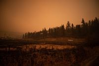 Thick smoke fills the air and nearly blocks out the sun just before 3 p.m. as a motorist on Highway 97 travels past an area burned by the White Rock Lake wildfire in Monte Lake, east of Kamloops, B.C., Saturday, Aug. 14, 2021. One of the largest and most destructive wildfires in British Columbia this summer is now being held, meaning it's not likely to spread beyond existing containment lines. THE CANADIAN PRESS/Darryl Dyck