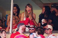 KANSAS CITY, MISSOURI - SEPTEMBER 24: Taylor Swift reacts during the first half of a game between the Chicago Bears and the Kansas City Chiefs at GEHA Field at Arrowhead Stadium on September 24, 2023 in Kansas City, Missouri.