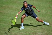 HALLE, GERMANY - JUNE 14: Felix Auger-Aliassime of Canada plays a forehand in his match against Marcos Giron of the United States during day four of the 29th Terra Wortmann Open at OWL-Arena on June 14, 2022 in Halle, Germany. (Photo by Thomas F. Starke/Getty Images)