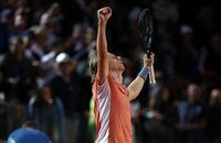 ROME, ITALY - MAY 12:  Denis Shapovalov of Canada celebrates his win over Rafael Nadal of Spain in the 3rd round on day five of Internazionali BNL D'Italia at Foro Italico on May 12, 2022 in Rome, Italy. (Photo by Julian Finney/Getty Images)