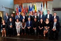Premiers (back row L-R), Sandy Silver (Yukon), P.J. Akeeagok, (Nunavut), Scott Moe (SK), Doug Ford (Ont),Francois Legault (Que), Dennis King (PEI), Tim Houston (NS), Blaine Higgs (NB), Andrew Furey (NL and Labrador) and (front row L-R), President of Institute for the advancement of Aboriginal Women Lisa Weber, National Chief of Congress of Aboriginal Peoples Elmer St. Pierre,  Heather Stefanson (MB), Songhees Nation Chief Ron Sam, John Horgan (BC), Esquimalt Nation Chief Rob Thomas, Caroline Cochrane (NWT), Cassidy Caron (Metis National Council) and Terry Teegee (Assembly of First Nations) gather for a family photo during the summer meeting of the Canada's Premiers at the Songhees Wellness Centre in Victoria, B.C., on Monday, July 11, 2022 THE CANADIAN PRESS/Chad Hipolito 